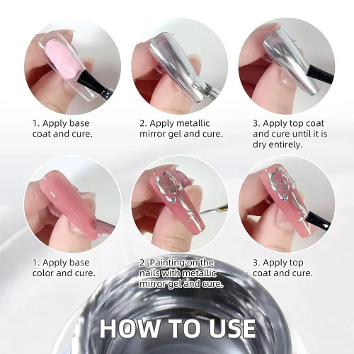 Vista 7 de Esmalte de uñas de gel de pintura metálica dorada de 0.3 fl oz, esmalte de uñas de gel metálico espejo 3D, flores/líneas de dibujo de gel metálico