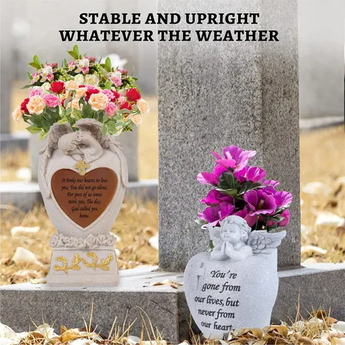 Vista 5 de Decoraciones de cementerio para tumba, ángel de jardín, luces solares, estatua conmemorativa familiar, regalo funerario, jarrón LED, ángel llorando