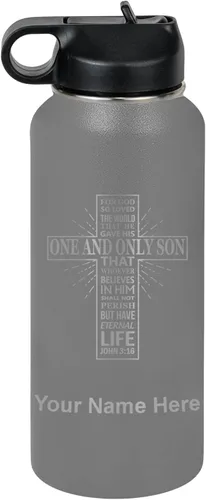 Vista 48 de LaserGram Botella de agua personalizada, versículo bíblico John 3-16, acero inoxidable de doble pared aislada al vacío con popote superior, regalo