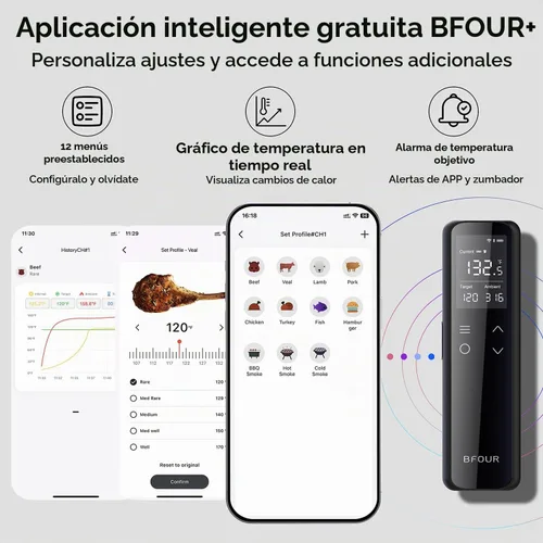 Vista 5 de Termómetro inalámbrico para carne Bluetooth con base digital independiente, rango ilimitado WiFi, sensor de precisión 6, impermeable IP67