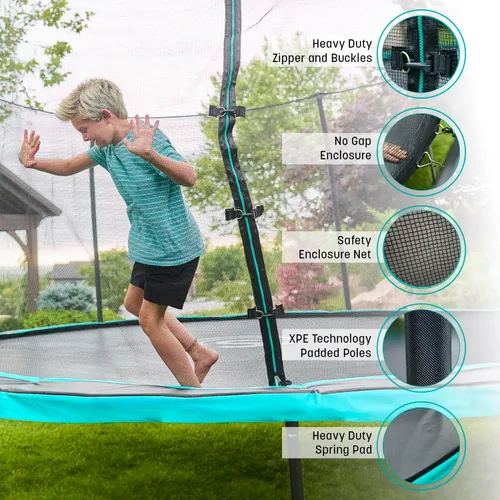 Vista 4 de SKYWALKER TRAMPOLINES Trampolín redondo de 12 pies y 15 pies con red de seguridad, trampolín rectangular para exteriores de 9 x 15 pies, trampolín