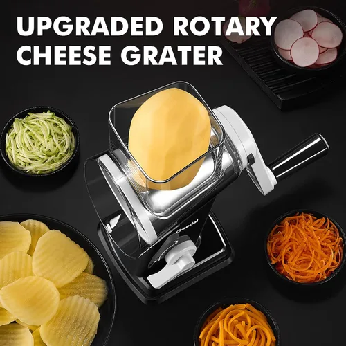Vista 7 de Geedel Rallador rotativo de queso, triturador de verduras mejorado con 4 cuchillas intercambiables, triturador de queso fácil de limpiar con asa