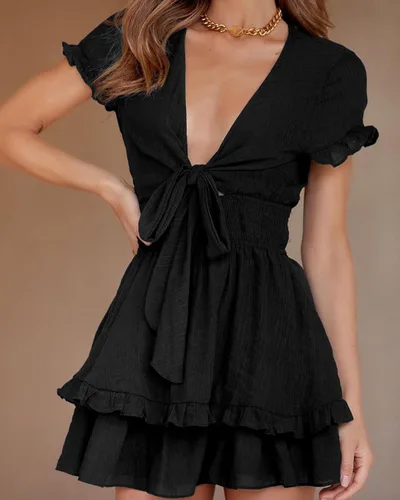 Vista 2 de PRETTYGARDEN - Mini vestido de verano con vuelo para mujer Vestido corto acampanado con cuello en V y manga corta con volantes en la parte delantera