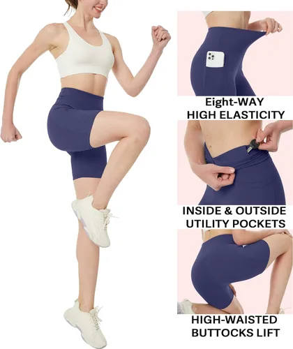 Vista 4 de KOWTIGER Pantalones cortos de yoga para mujer, cintura alta, con bolsillos, elásticos, para ciclismo, correr, deporte, entrenamiento, gimnasio