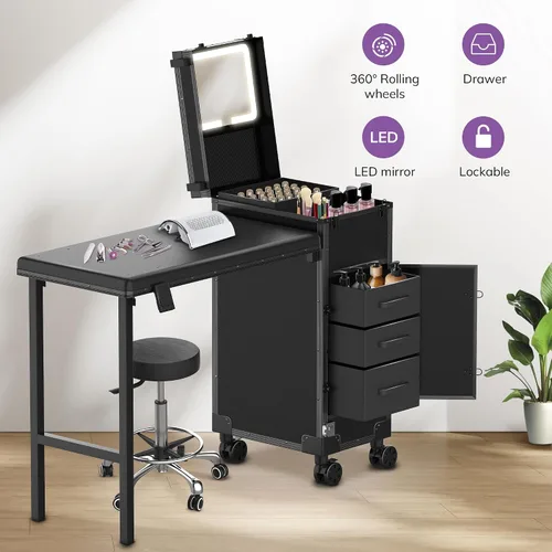 Vista 3 de EASYINBEAUTY Mesa de manicura portátil con 3 cajones, organizador de espejo y esmalte de uñas, estuche de maquillaje con cerradura con escritorio