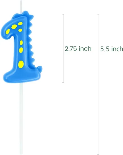 Vista 3 de Vela de dinosaurio número 1, 2.76 pulgadas, azul, perfecta para fiestas de primer cumpleaños