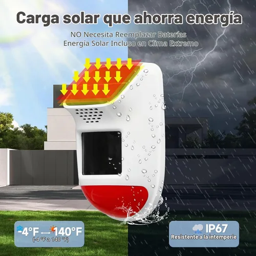 Vista 5 de Alarma Solar con Sensor de Movimiento - Sirena de Seguridad Impermeable IP65 de 120dB con Control Remoto y Luz Estroboscópica, 3 Modos