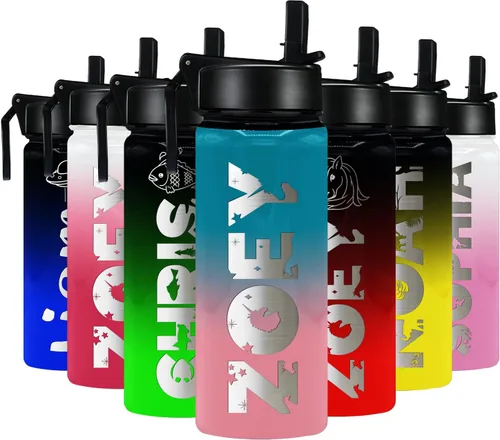 Vista 29 de Botella de agua personalizada para niños con tapa de popote en azul aguamarina degradado para la escuela, nombre personalizado para niños, 18 onzas