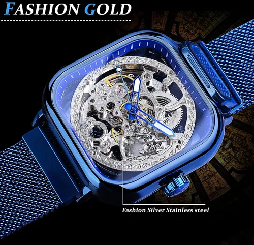 Vista 4 de FORSINING Relojes automáticos mecánicos, reloj de pulsera dorado para hombre con esfera transparente de acero inoxidable con movimiento de flor real