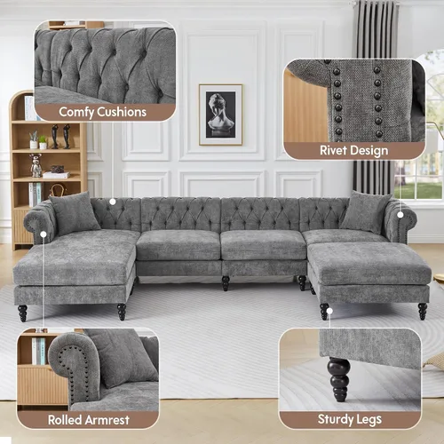 Vista 6 de ORRD Sofá Chesterfield en Forma de U, Sofá Seccional de Lino de Gran Tamaño, Sofá Chaise Otomano Tapizado con Acentos Capitoné con Reposabrazos
