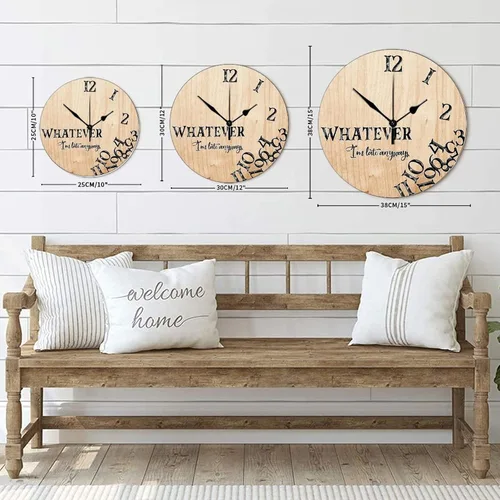 Vista 8 de Reloj de pared de 10 pulgadas, de grano de madera rústica, divertido con texto en inglés "Whatever I'm Late Anyways", reloj de pared vintage