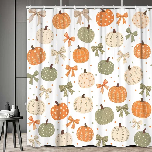 Vista 3 de Boho Fall Pumpkin Bow Shower Curtain for Bathroom, Waterproof Thanksgiving Harvest Autumn Bath Curtain with Hooks, Washable Privacy Curtain for Kids