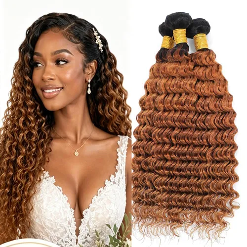 Vista 190 de P4613 Cabello humano rizado onda profunda marrón y paquetes mixtos 8 10 12 P4613 Ombre Marrón-Rubio-DP
