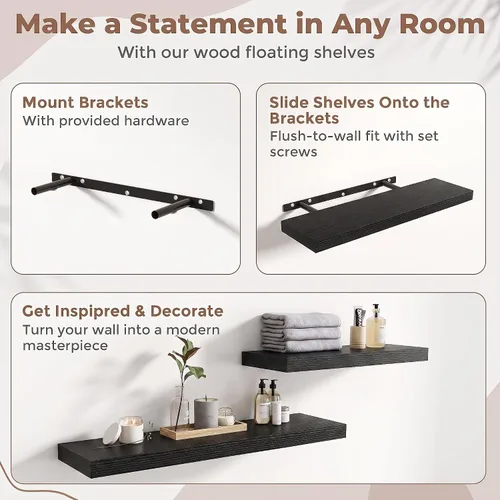 Vista 6 de Marsmiles 9.3 Inch Floating Shelves for Wall 2 Pack, 9.3" D Wood Grain Bathroom Shelves Black Finish