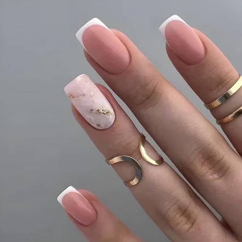 Vista 15 de Uñas postizas a presión de almendra, color rosa degradado medio, con bonito diseño de conejo y gato, uñas postizas de estrella plateada, uñas