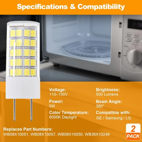Vista 3 de Bombilla LED de vidrio G8 para microondas equivalente a 50 W, 130 V, 5 W, 500 lm, luz blanca diurna, compatible con campana de microondas GE Samsung