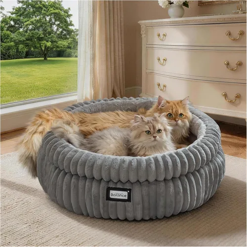 Vista 9 de BALANCE Cama para gatos, cama redonda lavable para gatos de interior, cama de felpa súper suave de piel sintética para cachorros y gatitos con parte