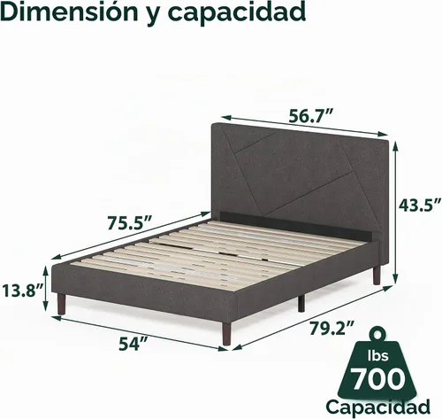 Vista 2 de Plataforma Zinus revestida, acolchada, con paneles geométricos, base de colchón, fácil montaje, soporte con listones de madera, Tela, gris