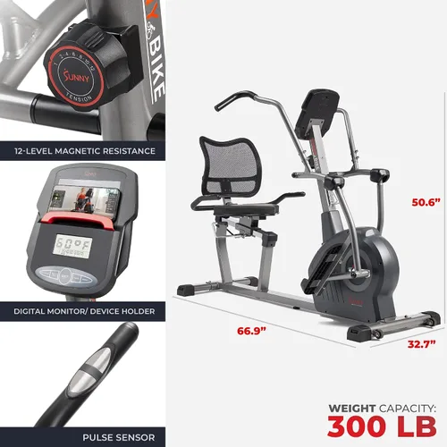 Vista 6 de Sunny Health & Fitness Elite Recumbent Cross Trainer y máquina elíptica con resistencia magnética de 12 niveles, asiento de fácil ajuste