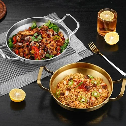 Vista 6 de Paella de acero inoxidable dorado, olla de arroz de mariscos españoles con asas dobles, sartén para plancha, olla de cocina casera, olla de picnic