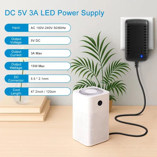 Vista 2 de Fuente de alimentación de 5 V, CC 5 voltios 3A 15 W fuente de alimentación LED, convertidor de CA 100-240V a CC 5V, adaptador de corriente