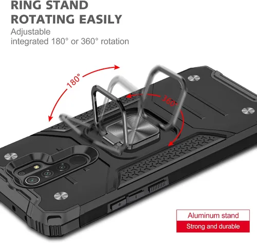 Vista 6 de Asuwish Funda de teléfono para Xiaomi Redmi 9 con protector de pantalla de vidrio templado y soporte de anillo delgado híbrido protector móvil