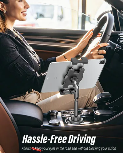Vista 5 de Soporte para tablet para automóvil, brazo de metal, soporte de tableta resistente para portavasos de automóvil, soporte de automóvil ajustable