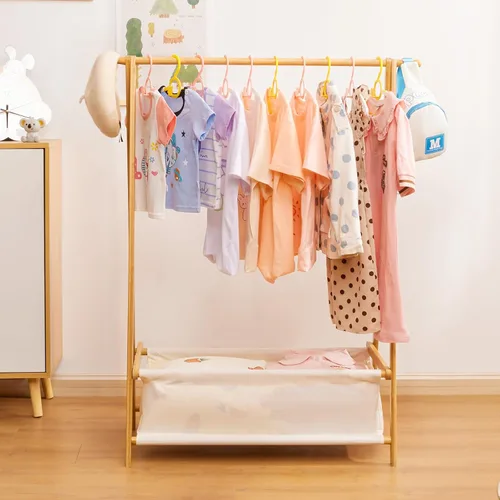 Vista 7 de Cozivolife Perchero de ropa para niños con caja de almacenamiento, soporte para vestir, soporte para ropa infantil con varillas para colgar, pequeño