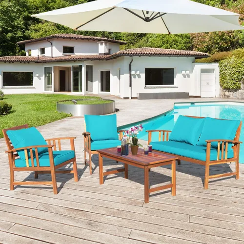 Vista 10 de Tangkula - Juego de muebles de madera de 4 piezas para patio o exteriores, banco, mesa y dos sillas, con cojines