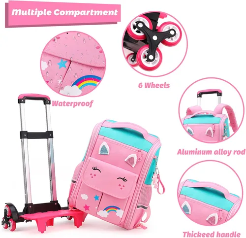 Vista 3 de Tanou Mochila rodante para niñas y niños, mochila ligera y transpirable, linda mochila con ruedas para viajes escolares, Viajar