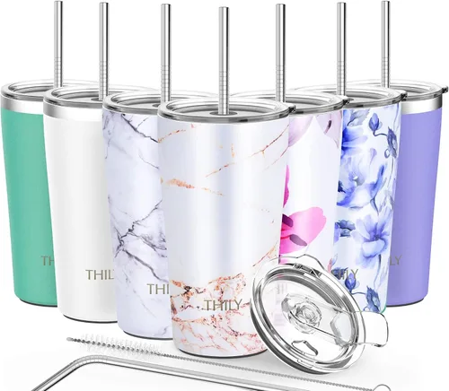 Vista 11 de THILY Vaso de viaje de acero inoxidable con aislamiento al vacío de 26 onzas, taza de café con 2 tapas y popotes, a prueba de salpicaduras Brisa