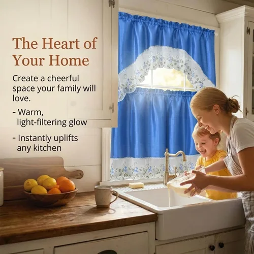 Vista 7 de YHSF Set de cortinas de cocina de 3 piezas con cenefa - Juego de cortinas de ventana de 2 niveles y cenefa con diseño de bolsillo para barra