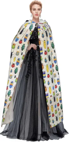 Vista 4 de Capa con capucha de bruja maga de Halloween con patrón de insectos, capa de Navidad para cosplay para adultos
