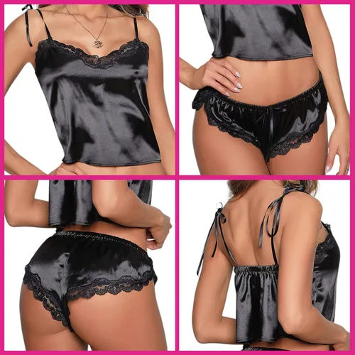 Vista 3 de Besame Babydoll - Conjunto de ropa de dormir de encaje de satén brillante para mujer