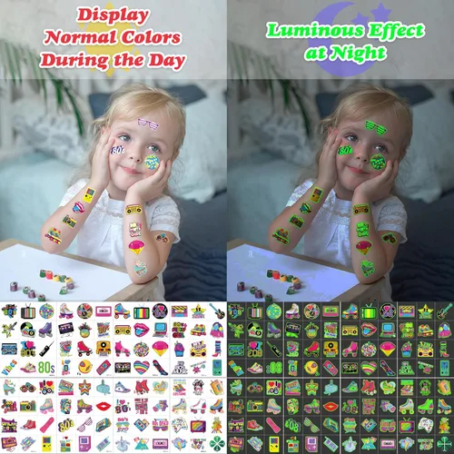 Vista 6 de 96 piezas de tatuajes temporales precortados que brillan en la oscuridad de los años 80 para decoración de fiesta de cumpleaños, suministros
