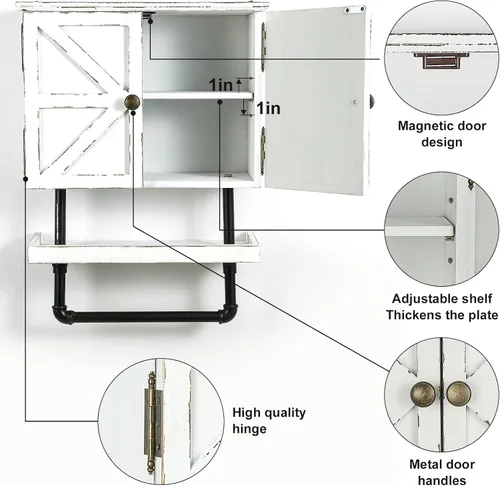 Vista 5 de Armario de almacenamiento sobre inodoro de 23.1 x 16.9 pulgadas, gabinete de baño con estante de pared ajustable y toallero, puertas dobles, Negro