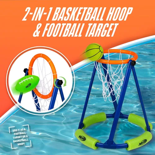 Vista 2 de NERF - Juego de aro de baloncesto flotante para piscina + red de fútbol – Baloncesto acuático + (2) pelotas de fútbol acuáticas incluidas – Aro