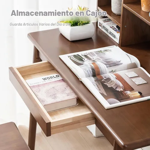 Vista 5 de Escritorio de madera maciza con cajones, escritorio de computadora de madera para oficina en casa (color nogal 40 pulgadas)
