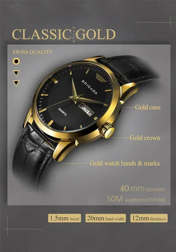 Vista 3 de BRIGADA Relojes para hombre de la marca suiza clásico reloj de vestir dorado para hombre con calendario de fecha, cuarzo casual de negocios
