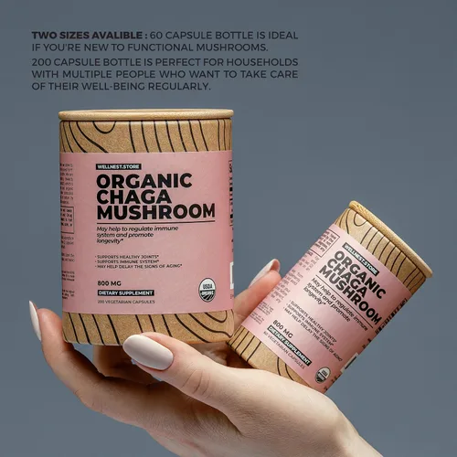 Vista 3 de Suplemento orgánico de hongos Chaga (extracto de Inonotus) 200 cápsulas vegetales - Combate la inflamación y apoya la salud de las articulaciones.