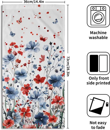 Vista 2 de Juego de 2 toallas de mano para el 4 de julio, 14 x 28 pulgadas, diseño patriótico de hojas florales rojas y azules, absorbentes y suaves
