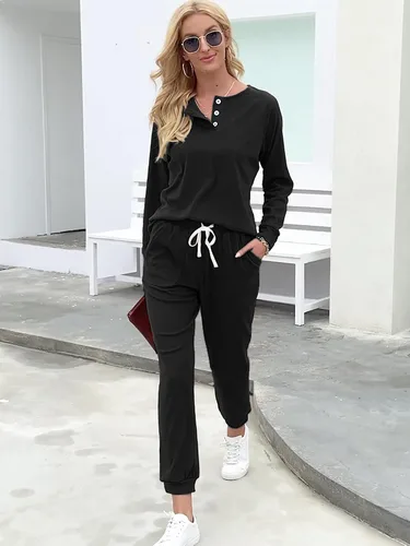 Vista 3 de WIHOLL Conjunto de dos piezas para mujer, conjunto de sudadera con botones y bolsillos