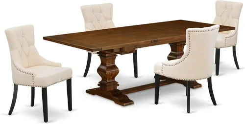 Vista 19 de East West Furniture ALAFR7-81-02 Juego de mesa de comedor moderno de 7 piezas consta de una mesa rectangular de madera con hojas extraíbles y 6