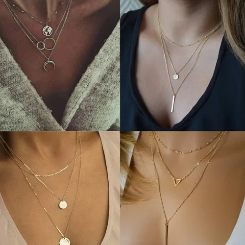 Vista 7 de Biokia 6 collares en capas para mujer collares largos de oro gargantilla mapa moneda luna creciente collar con colgante en Y multicapa