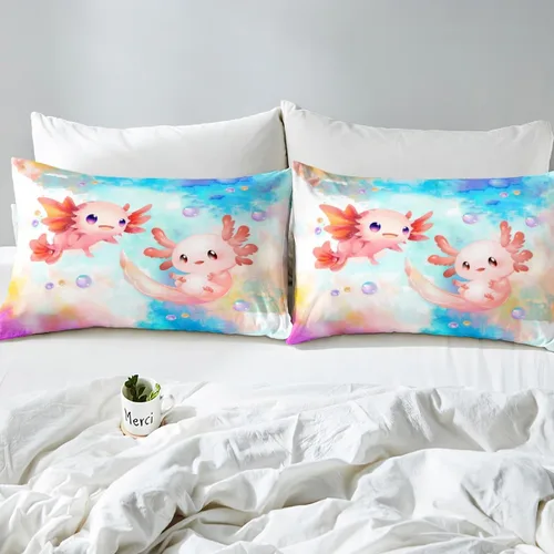 Vista 5 de Castle Fairy Bonito juego de sábanas de Axolotl, juego de sábanas de teñido anudado colorido, juego de ropa de cama de animales Kawaii para niños