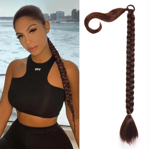 Vista 26 de Extensiones de cola de caballo trenzada de 20 pulgadas de largo para mujer, extensiones de cabello lacio envolvente con banda para el cabello, cola