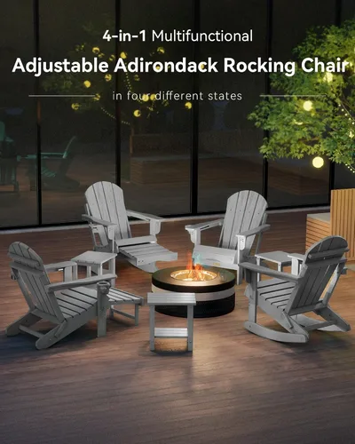 Vista 4 de Silla mecedora Adirondack ajustable con otomano retráctil, silla plegable multifuncional 4 en 1 para patio con portavasos, silla de exterior