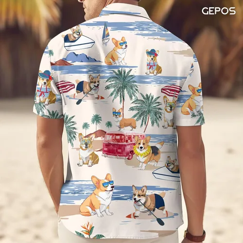 Vista 4 de Camisa hawaiana para hombre, camisa con botones para perro, para vacaciones de verano, camisa de manga corta casual de playa Aloha unisex