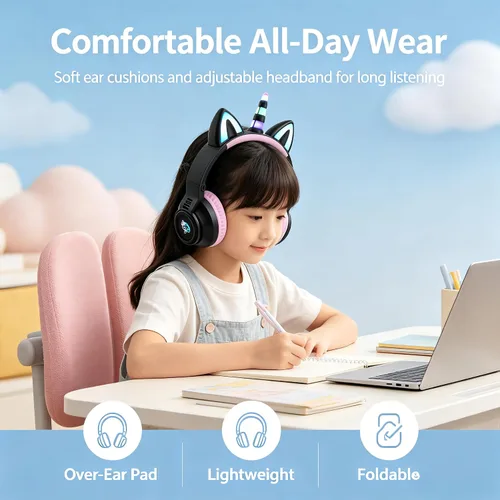 Vista 7 de Unicornio Bluetooth Niños Auriculares Plegables para Niñas (Negro)