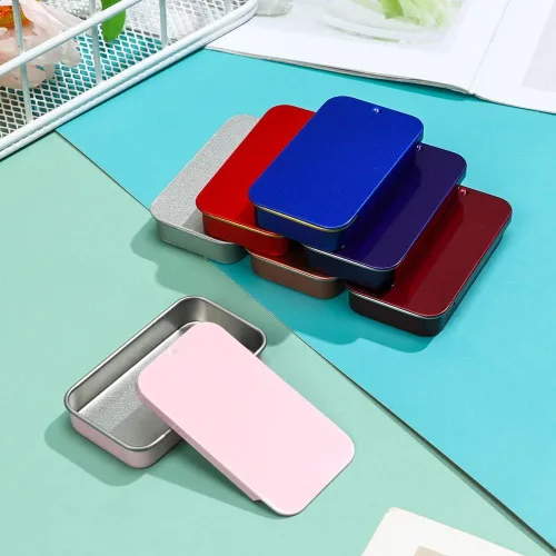 Vista 4 de gofidin Latas vacías de metal, mini caja de hierro con tapas deslizantes, caja de almacenamiento rectangular para almacenamiento de joyas de boda